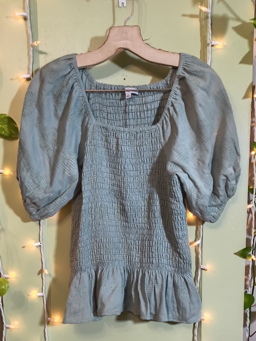 Women's Polygram Sage Green Cinch Body Balloon Sleeve Peplum Blouse M